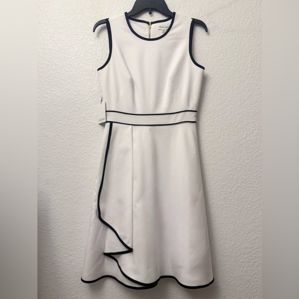 Calvin Klein Fit N Flare Sleeveless White Dress with Black Piping Trim Size 4